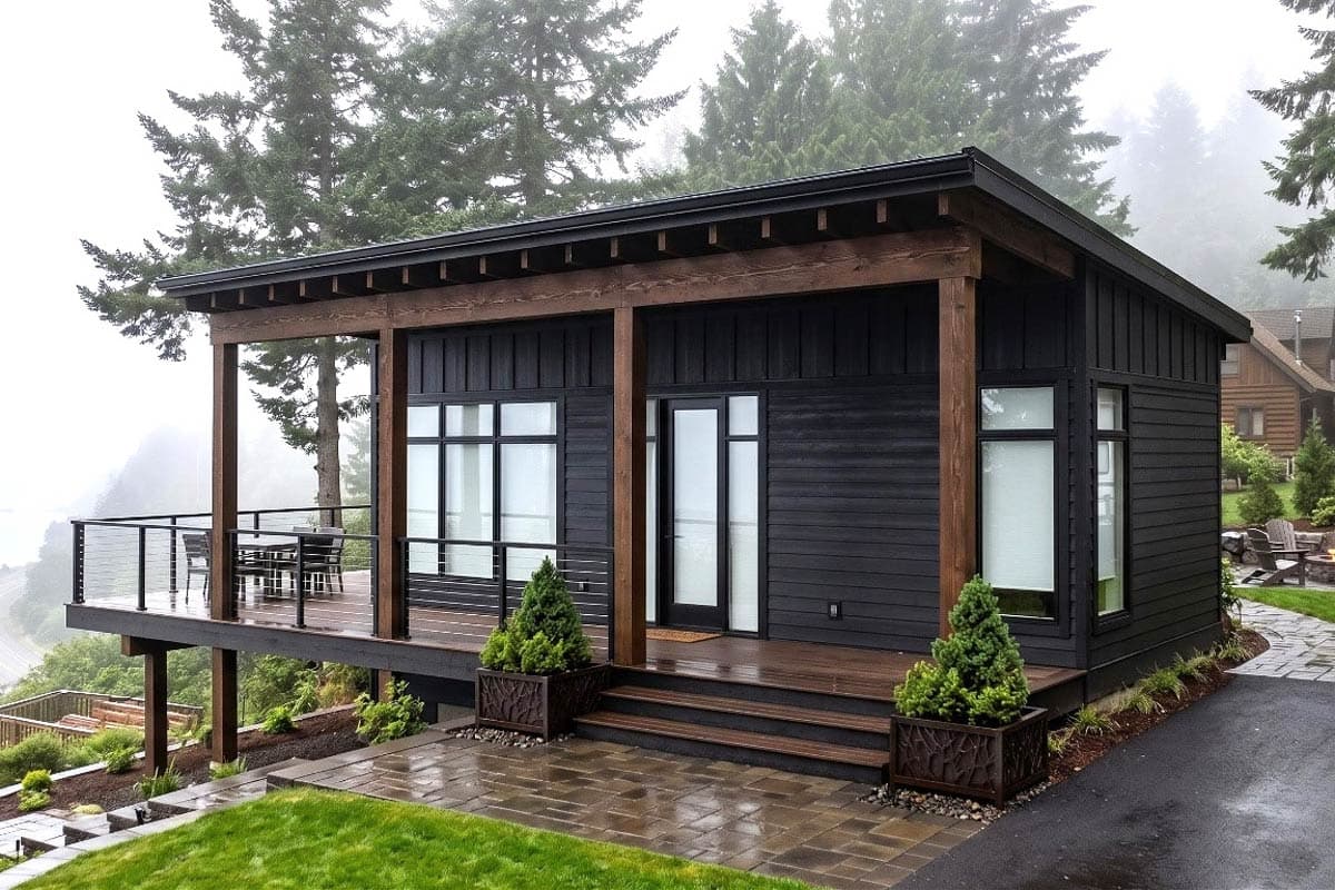 Modern Mountain Cabin House Plan with One Bedroom and Spacious Deck