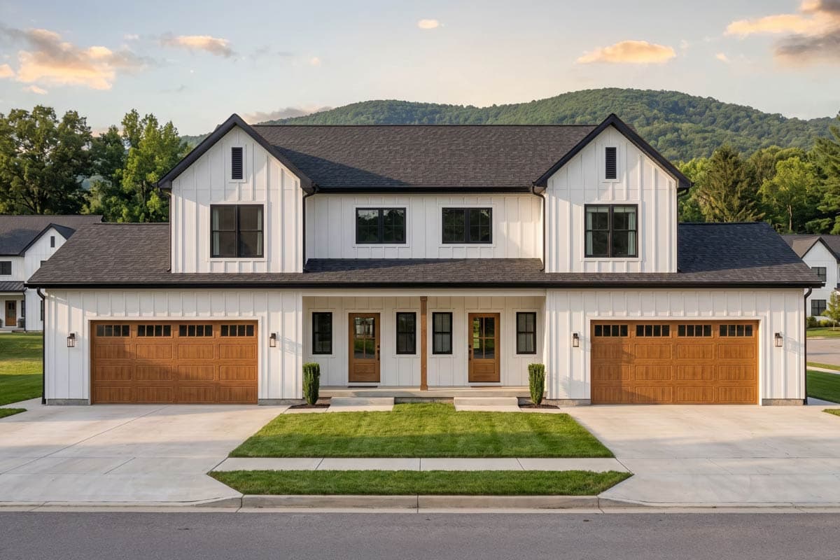 Plan 623674DJ: Modern Farmhouse Duplex House Plan with Three Bedrooms and Attached Garages - Virtual Tour Cover Image - Modern Farmhouse, New American