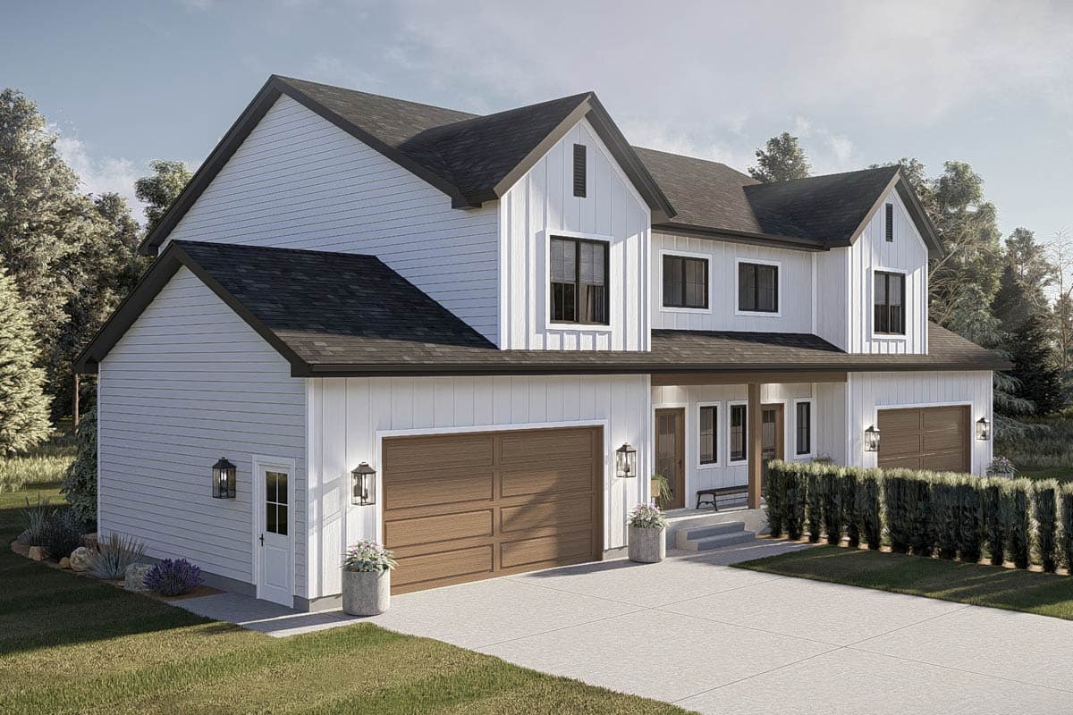 Plan 623674DJ: Modern Farmhouse Duplex House Plan with Three Bedrooms and Attached Garages - Image #4 - Modern Farmhouse, New American