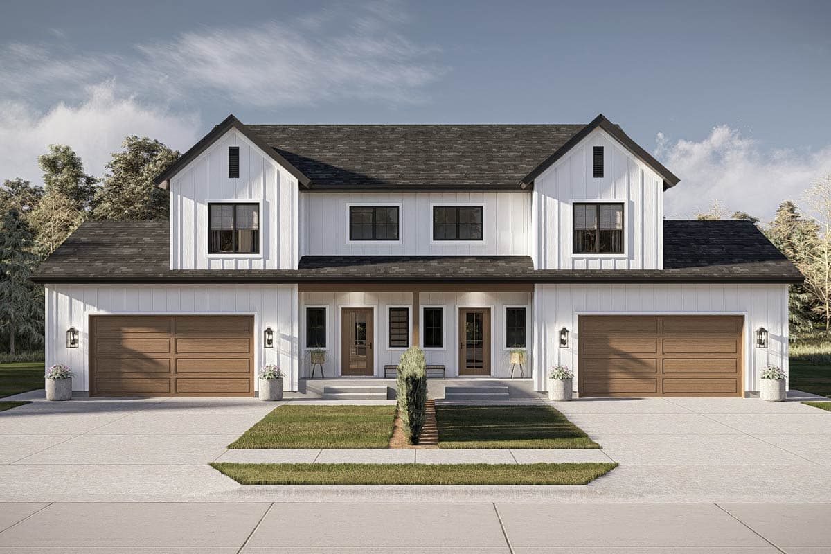 Plan 623674DJ: Modern Farmhouse Duplex House Plan with Three Bedrooms and Attached Garages - Image #3 - Modern Farmhouse, New American