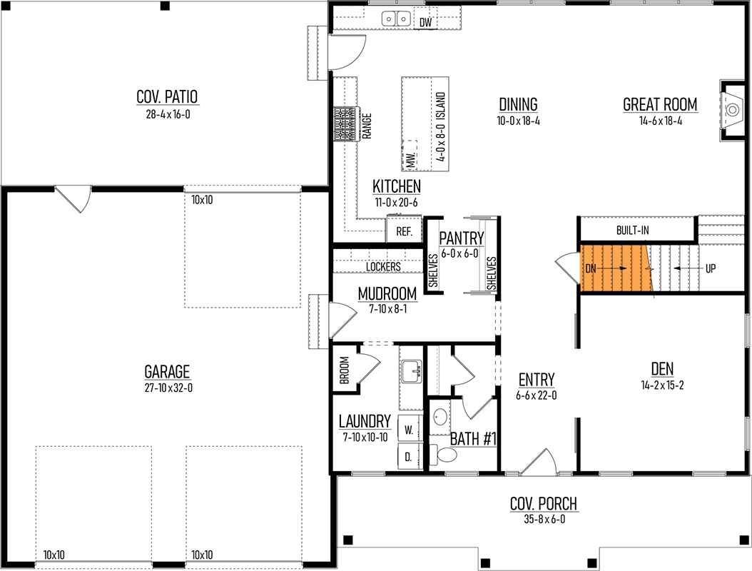 Plan 310008GLH: Modern Farmhouse House Plan with 4 Bedrooms and Attached Garage - Floor Plan - Basement Stairs Location - Country, Farmhouse, Modern Farmhouse, New American