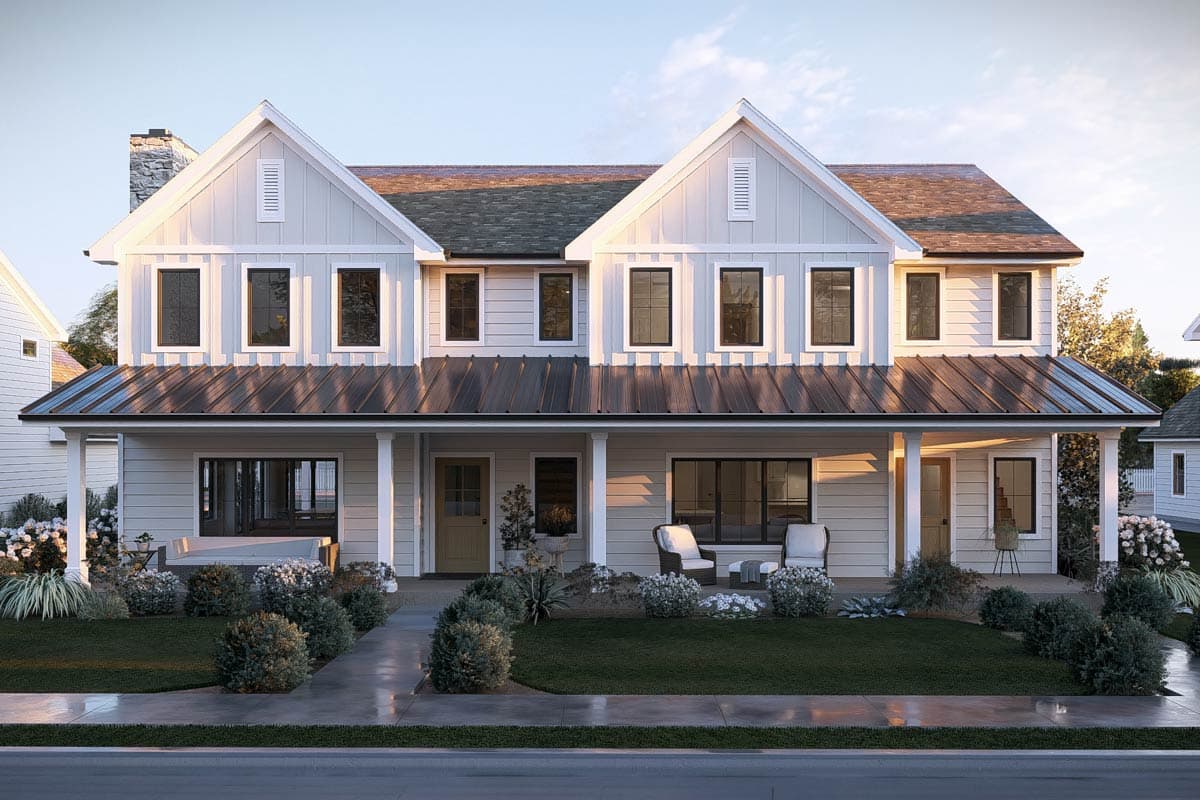 Plan 623677DJ: Modern Farmhouse Duplex House Plan with Three Bedrooms and Attached Garages - Image #2 - Modern Farmhouse, New American