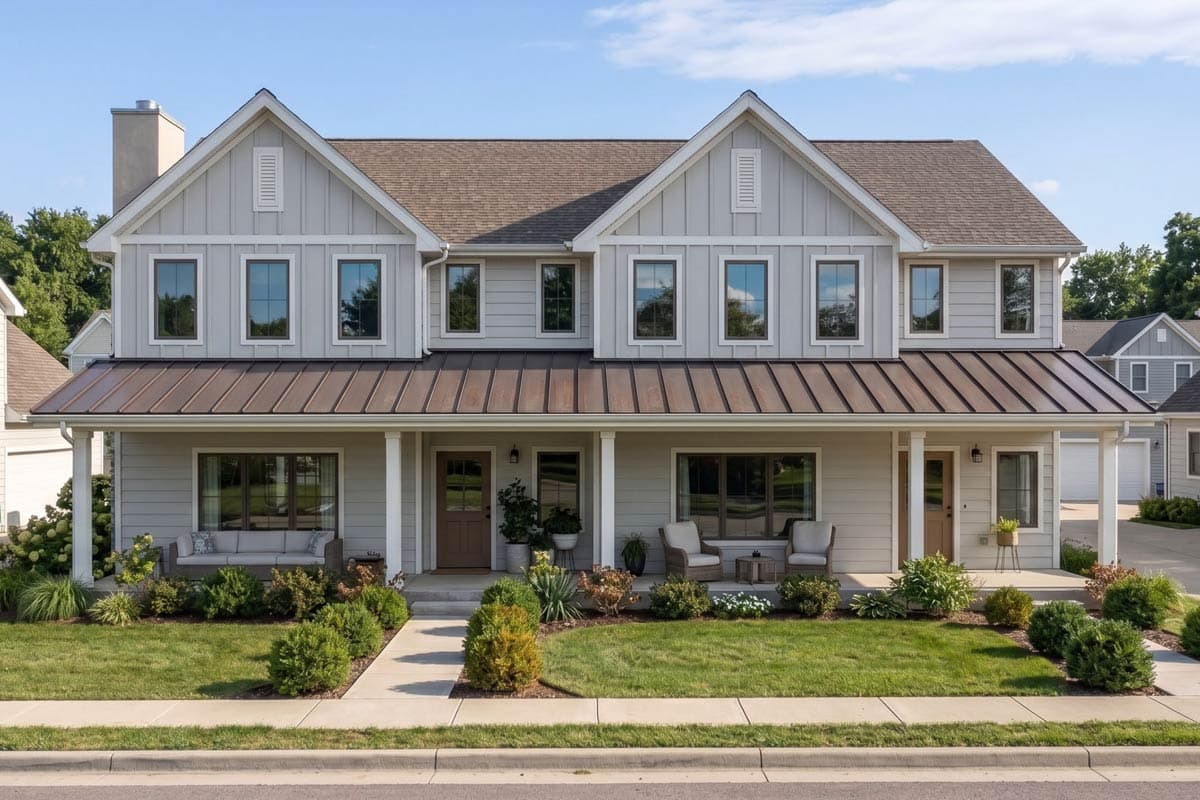 Modern Farmhouse Duplex House Plan with Three Bedrooms and Attached Garages
