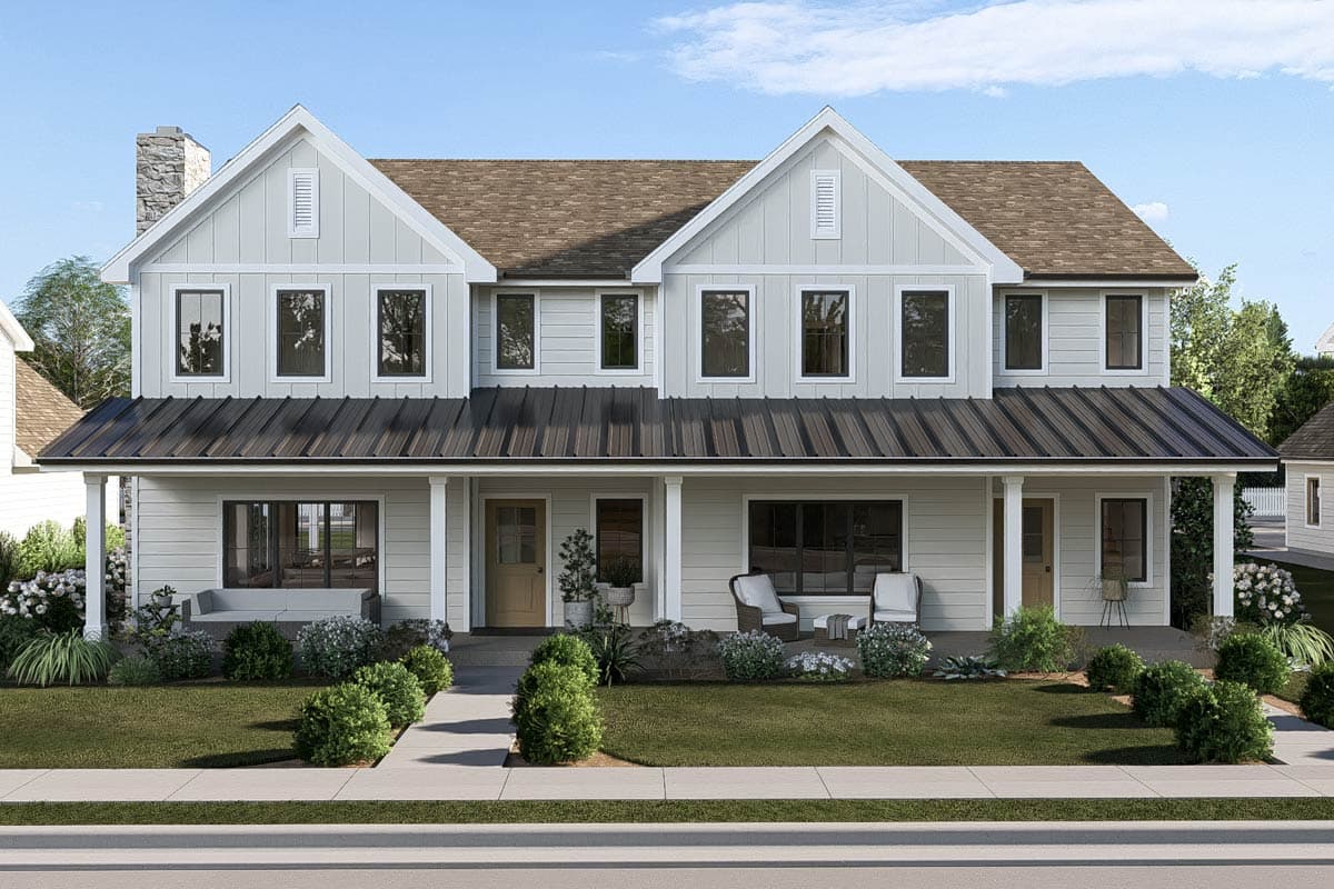 Plan 623677DJ: Modern Farmhouse Duplex House Plan with Three Bedrooms and Attached Garages - Image #3 - Modern Farmhouse, New American