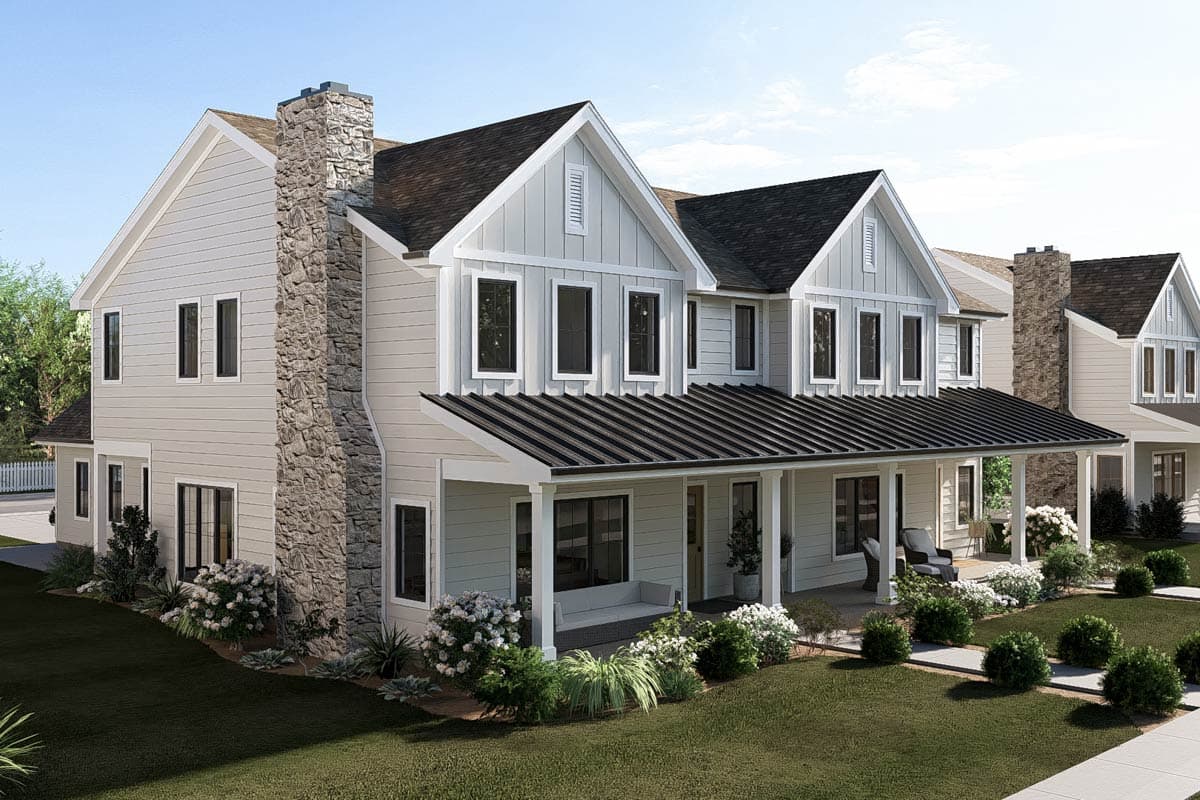 Plan 623677DJ: Modern Farmhouse Duplex House Plan with Three Bedrooms and Attached Garages - Image #4 - Modern Farmhouse, New American