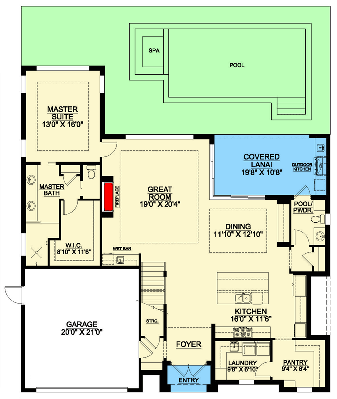 Plan 86166BW: Coastal Contemporary House Plan with 4 Bedrooms and Lanai - Floor Plan - Main Level - Coastal, Coastal Contemporary, Modern