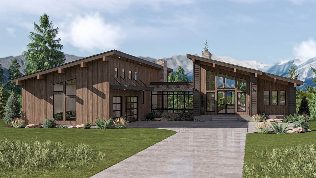 Plan 623679DJ: Modern Mountain House Plan with 3-Car Garage and Courtyard Living - Image #2 - Contemporary, Modern, Mountain