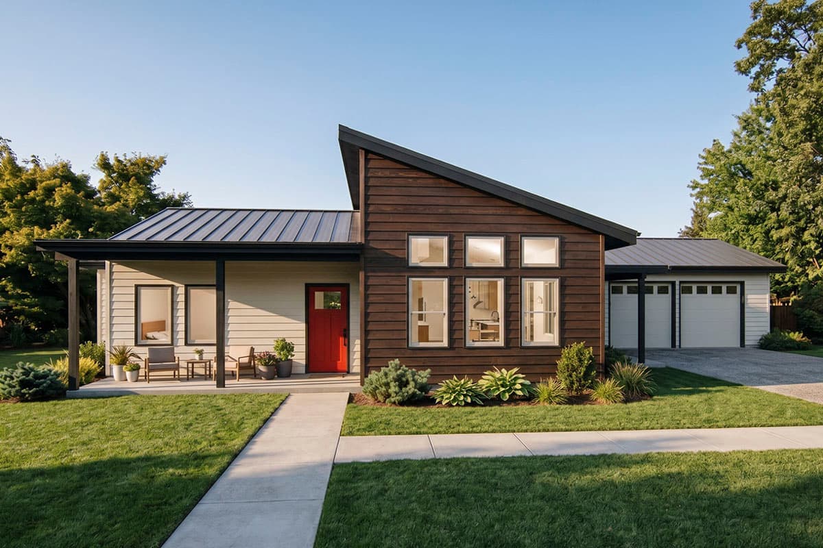 Contemporary Single Level House Plan with Three Bedrooms and Two-Car Garage
