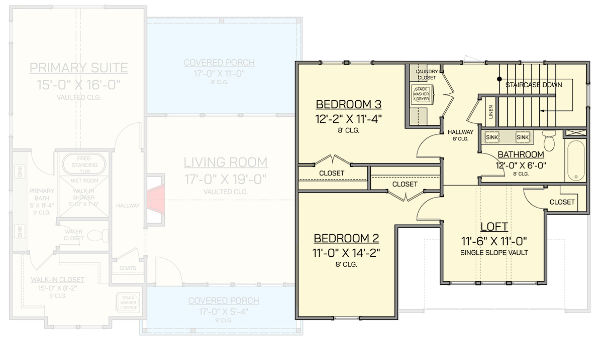 Plan 820023WSF: Transitional Farmhouse House Plan with 3 Bedrooms and Vaulted Ceilings - Floor Plan - Image #10 - Contemporary, Hill Country, Modern Farmhouse, Transitional