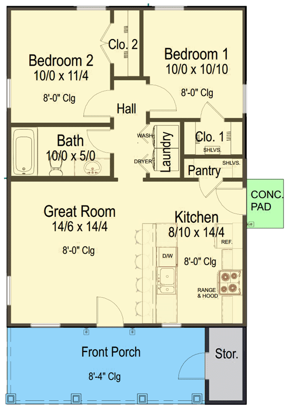 Plan 54079LK: 2-Bed Country Cottage House Plan or ADU under 800 Sq Ft - Floor Plan - Image #3 - Cabin, Cottage, Country, Traditional