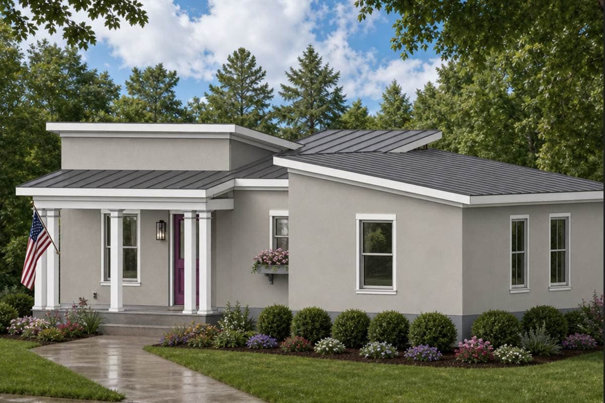 Plan 54082LK: Modern Two Bedroom Cabin House Plan with Charming Front Porch - Image #3 - Cabin, Cottage, Modern, Ranch