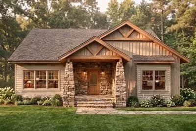 Craftsman Mountain Ranch House Plan with Three Bedrooms and Attached Garage