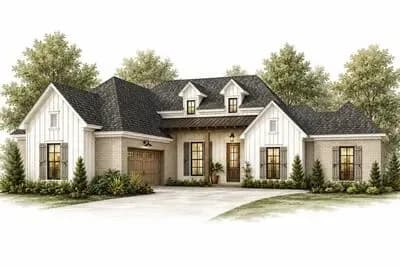 Modern Farmhouse House Plan Featuring Four Bedrooms and Courtyard Entry