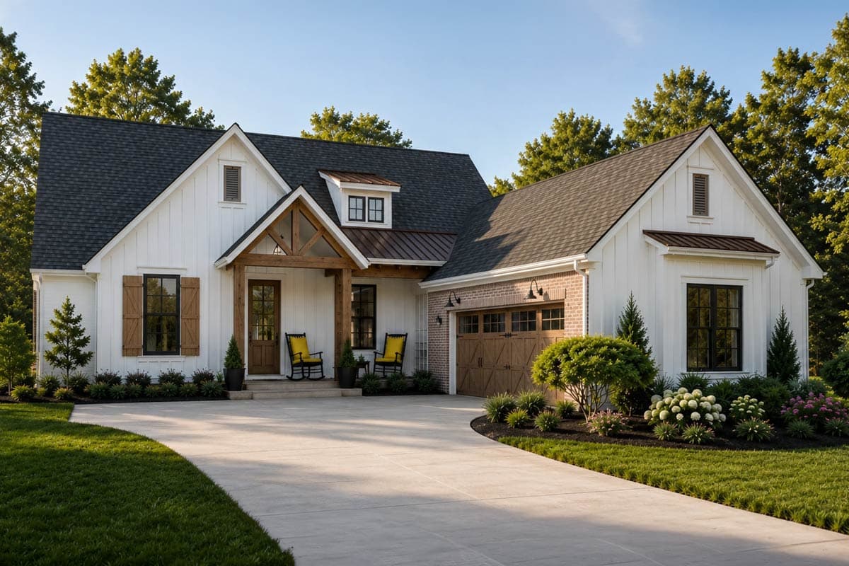 Plan 83157DC: Modern Farmhouse House Plan with 4 Bedrooms and Courtyard Entry - Image #1 - Craftsman, Farmhouse, Modern Farmhouse, New American