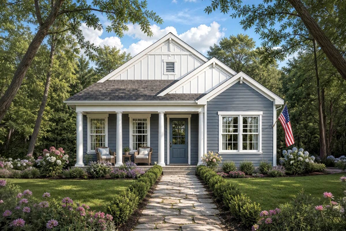 House plan exterior: Gable roof with white board and batten gable. Covered front porch with columns. Sidelights flank front door.