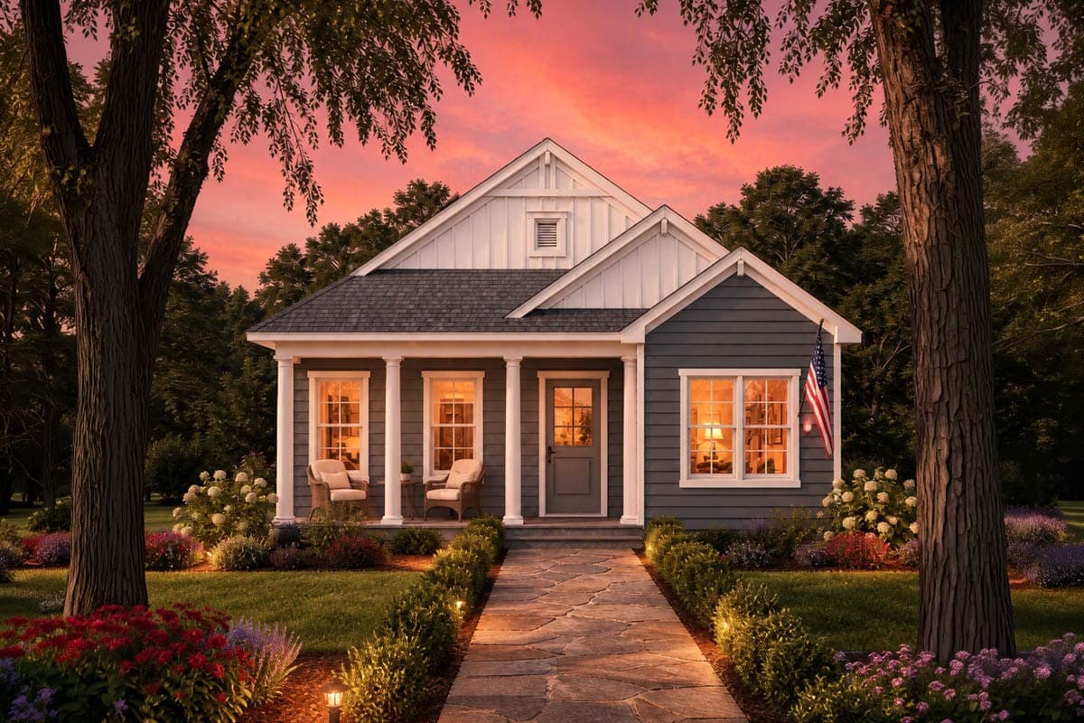 House plan exterior: One-story Modern Farmhouse with a front porch, gables, and double-hung windows.