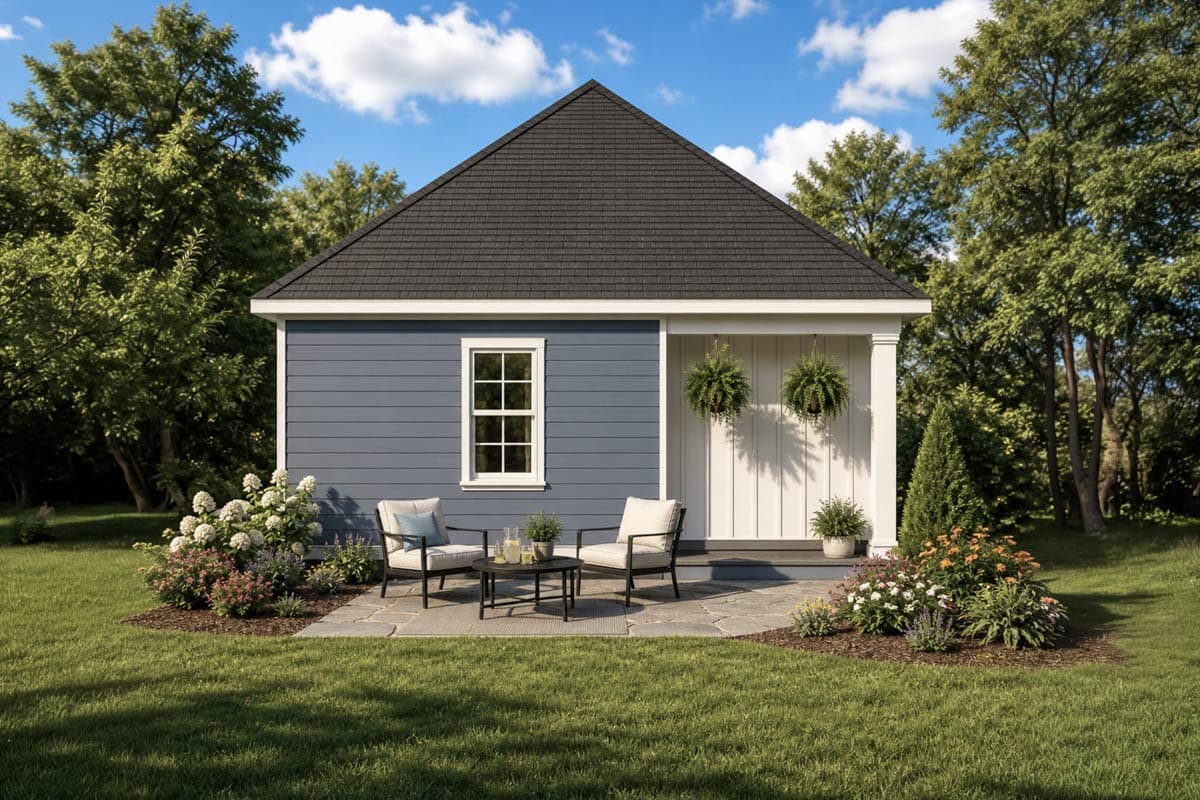 House plan exterior: One-story house with gray siding, white trim, pitched roof, central window, and covered porch with hanging ferns.