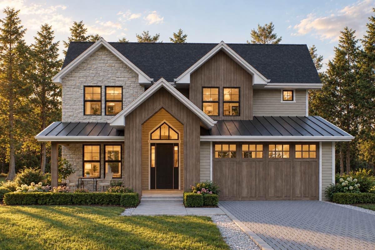 Modern Transitional House Plan Featuring Four Bedrooms and Attached Garage