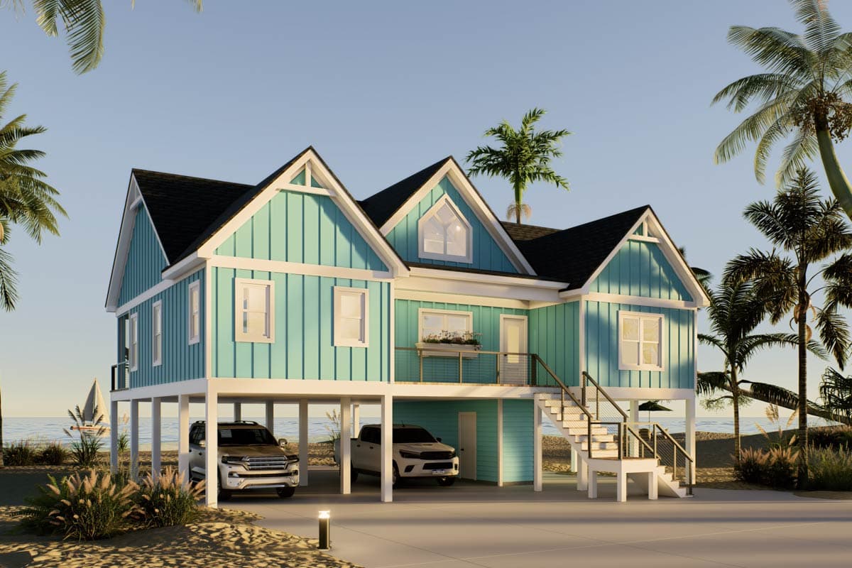 Plan 680711VR: Coastal Vacation House Plan Featuring Three Bedrooms and Two-Car Garage - Image #2 - Coastal, Vacation