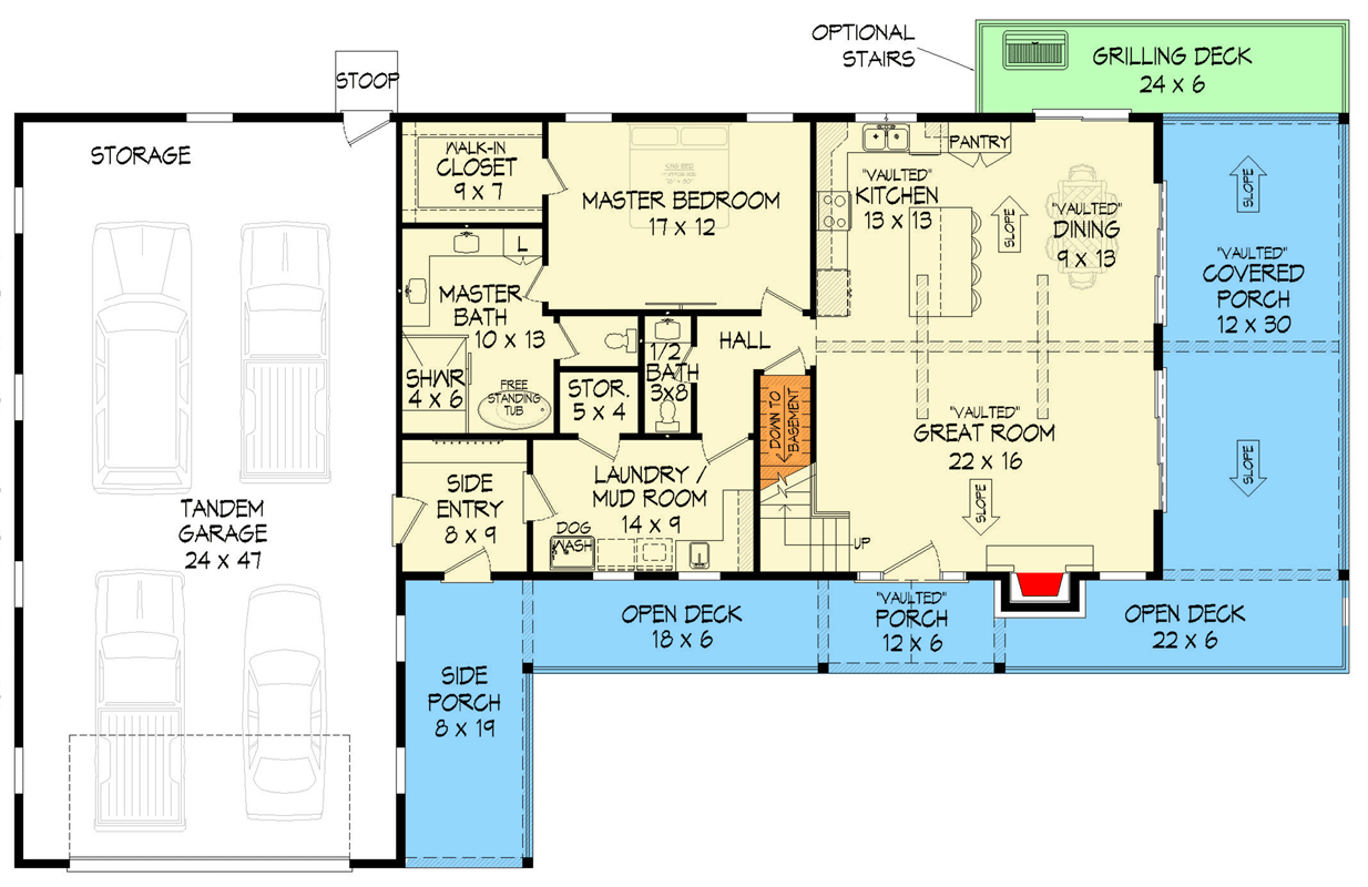 Plan 680718VR: Mountain House Plan with Four Bedrooms and Three-Car Garage - Floor Plan - Main Level - Craftsman, Modern Farmhouse, Mountain