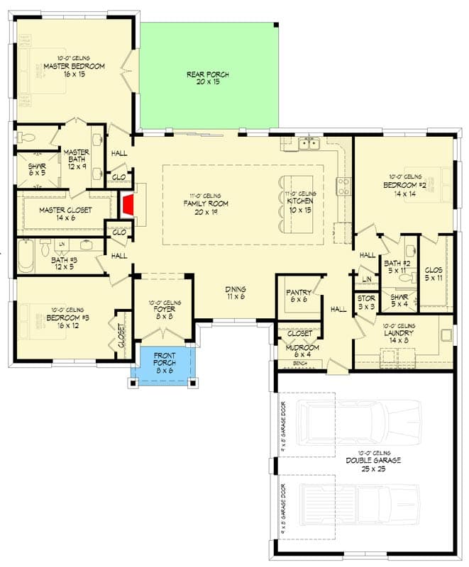 Plan 680725VR: Contemporary Ranch House Plan Featuring Three Bedrooms and Attached Two-Car Garage - Floor Plan - Image #9 - Contemporary, Ranch