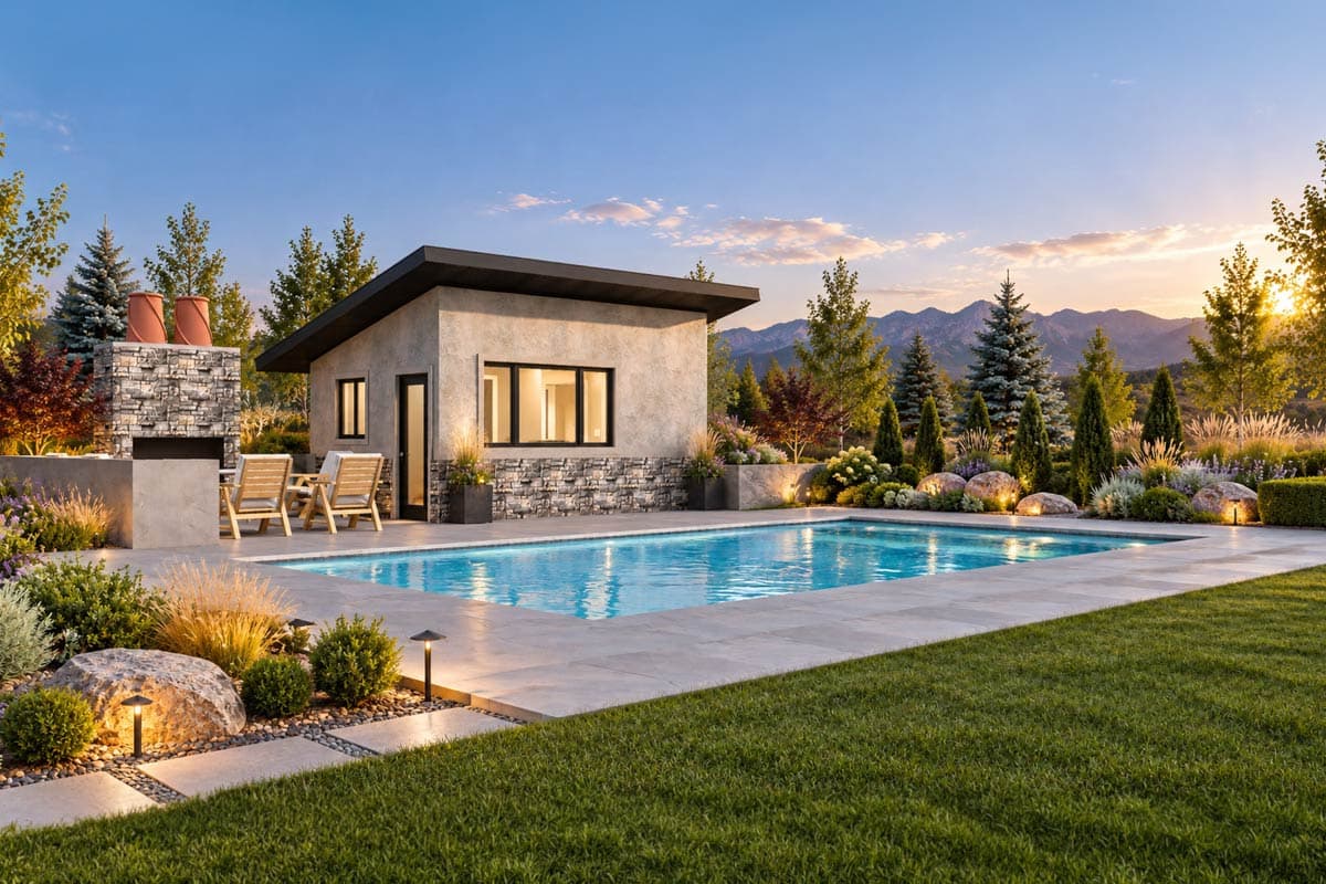 Plan 61774UT: Contemporary Poolside Cabana House Plan with Outdoor Fireplace - Image #1 - Contemporary