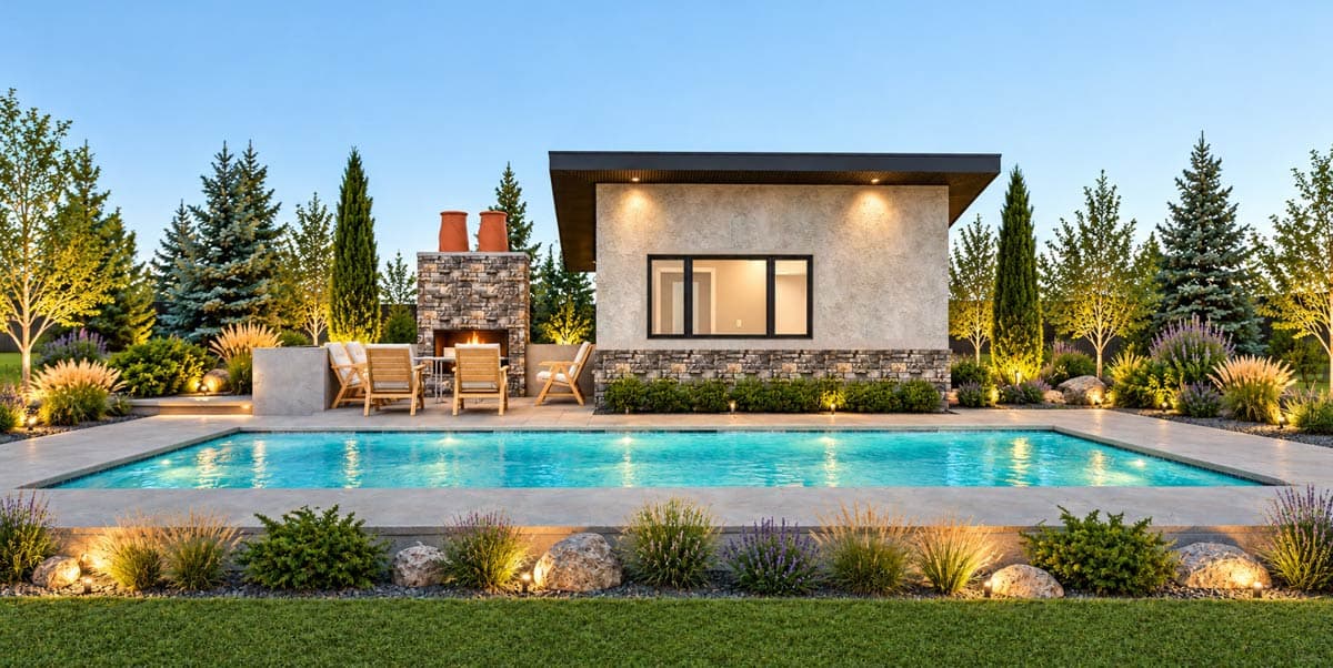 Plan 61774UT: Contemporary Poolside Cabana House Plan with Outdoor Fireplace - Image #2 - Contemporary