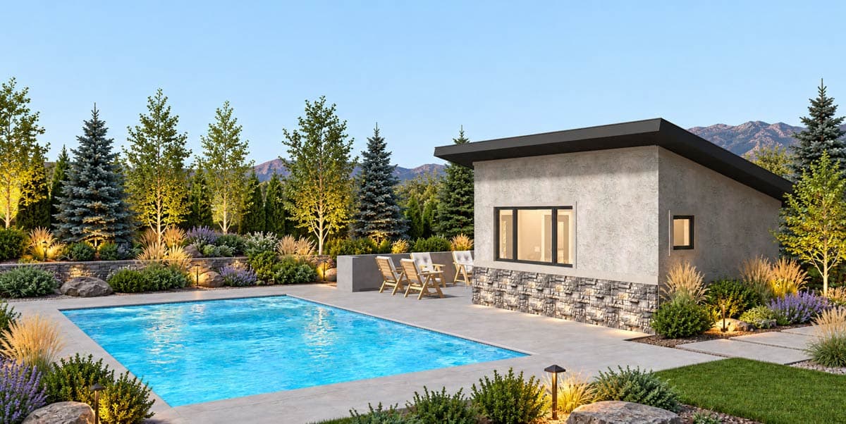 Plan 61774UT: Contemporary Poolside Cabana House Plan with Outdoor Fireplace - Image #3 - Contemporary