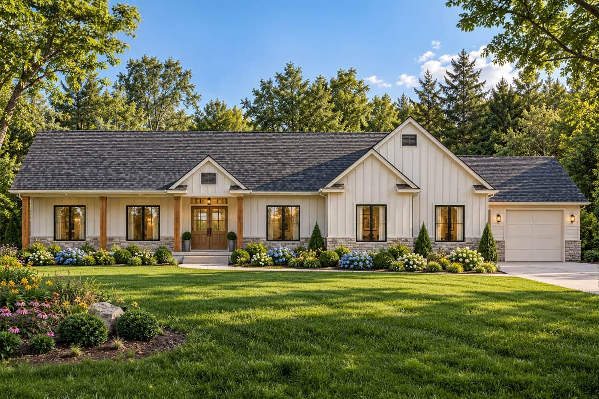 Plan image - 849183PGE:Spacious Farmhouse House Plan with Three Car Garage and Flexible Bedrooms