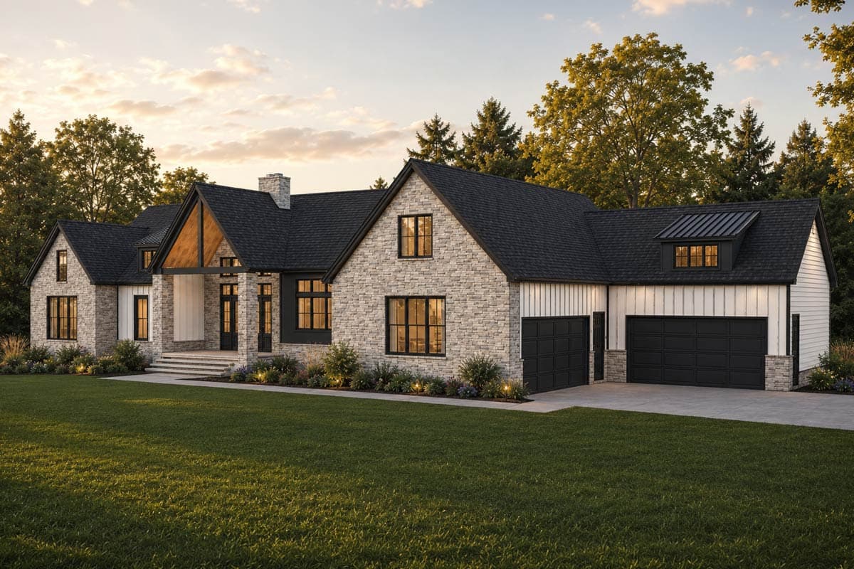 Plan 911083JVD: Modern Farmhouse House Plan with 4-Car Garage and 3 Bedrooms - Image #2 - Contemporary, Country, Modern, Modern Farmhouse, Ranch, Transitional