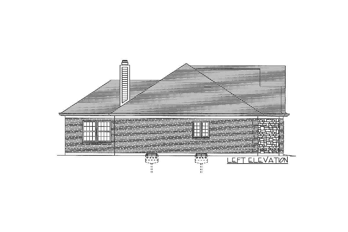 House plan left elevation drawing featuring a pitched roof, chimney, brick siding, and stone accent.