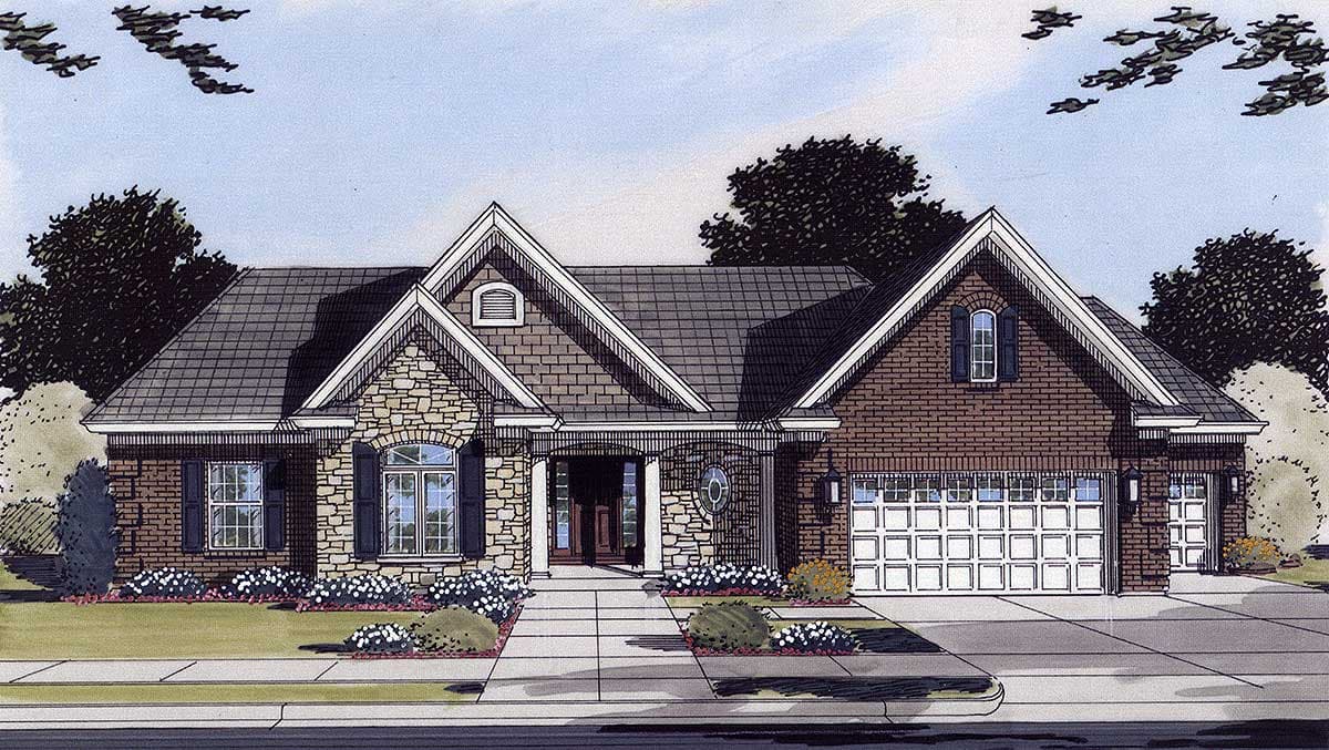 House plan exterior. Single-story home with stone and brick facade, gabled rooflines, dormer, and a two-car garage.