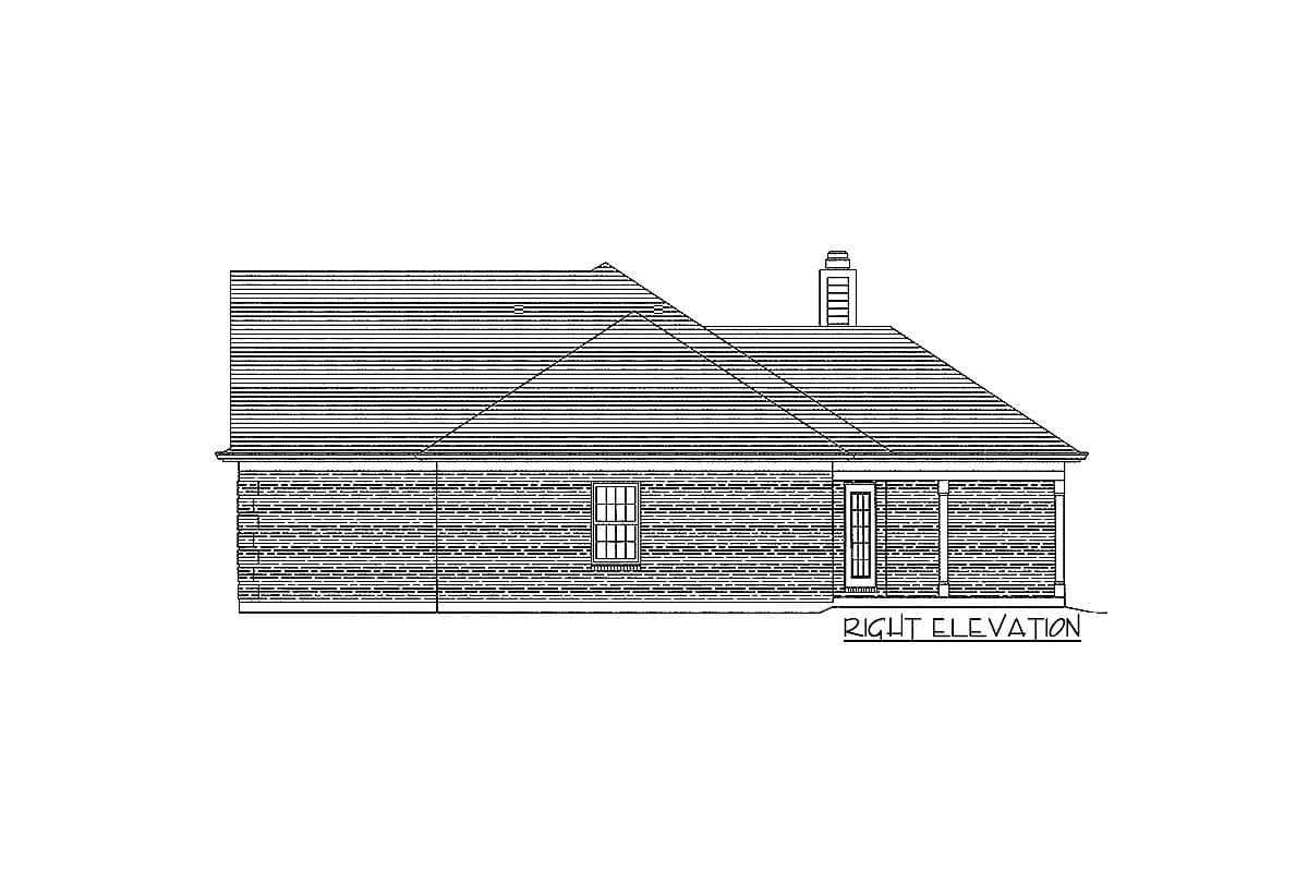 Right elevation house plan: one-story, shingle siding, pitched roof, visible window, door, and chimney.