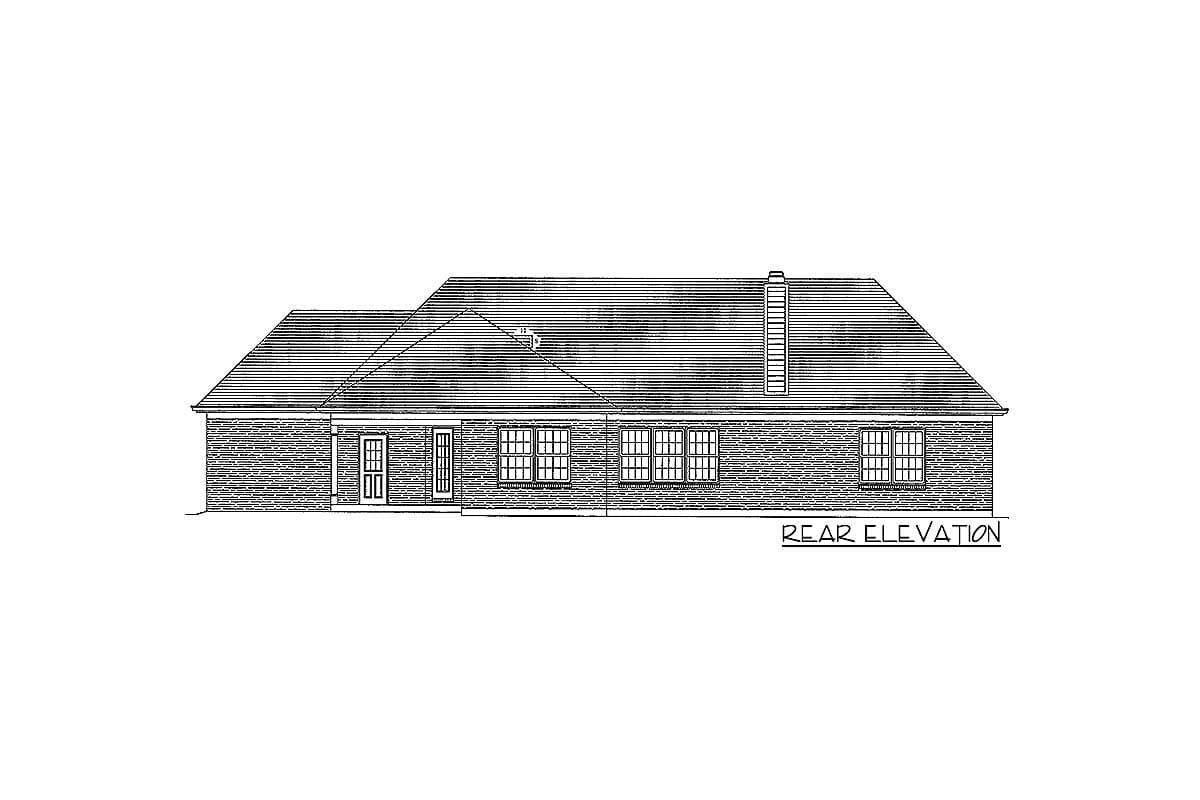 Rear elevation drawing of a single-story house with a brick exterior, multiple windows, a covered entryway, and a chimney.