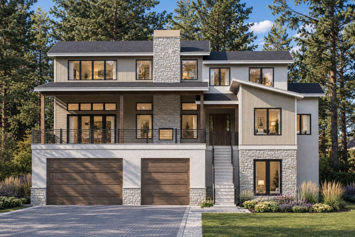 Plan image - 95397RW:Contemporary Three-Bedroom House Plan with Three-Car Garage and Outdoor Fireplace