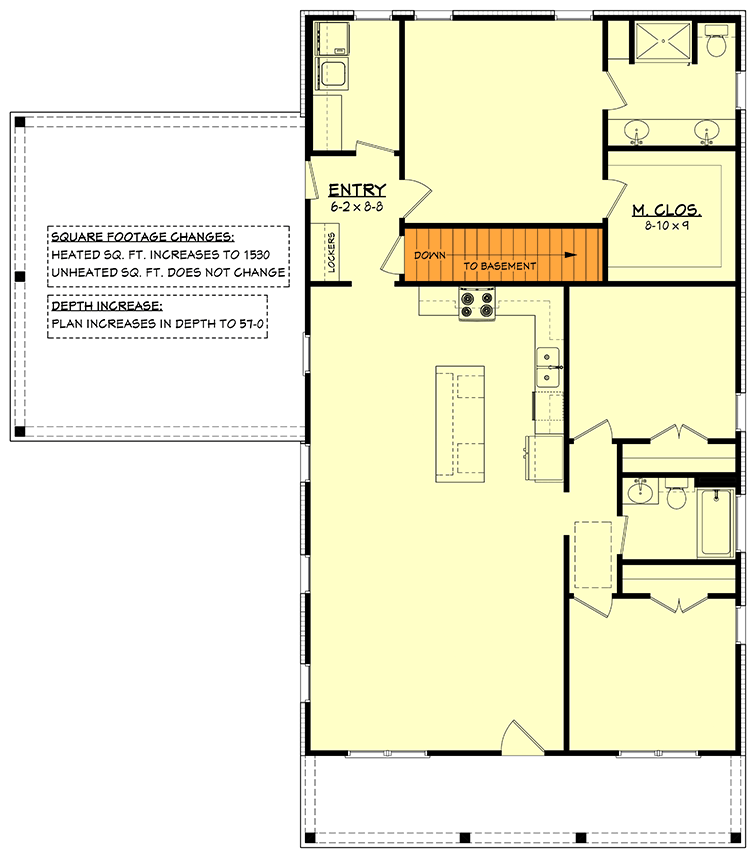 Plan 52063HZ: Charming Three Bedroom Modern Farmhouse House Plan with Attached Carport - Floor Plan - Basement Stairs Location - Country, Modern Farmhouse, Traditional