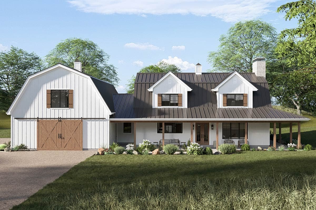 Plan 623687DJ: Spacious Five Bedroom Barndominium House Plan with Expansive Wraparound Porch - Image #4 - Barndominium, Farmhouse