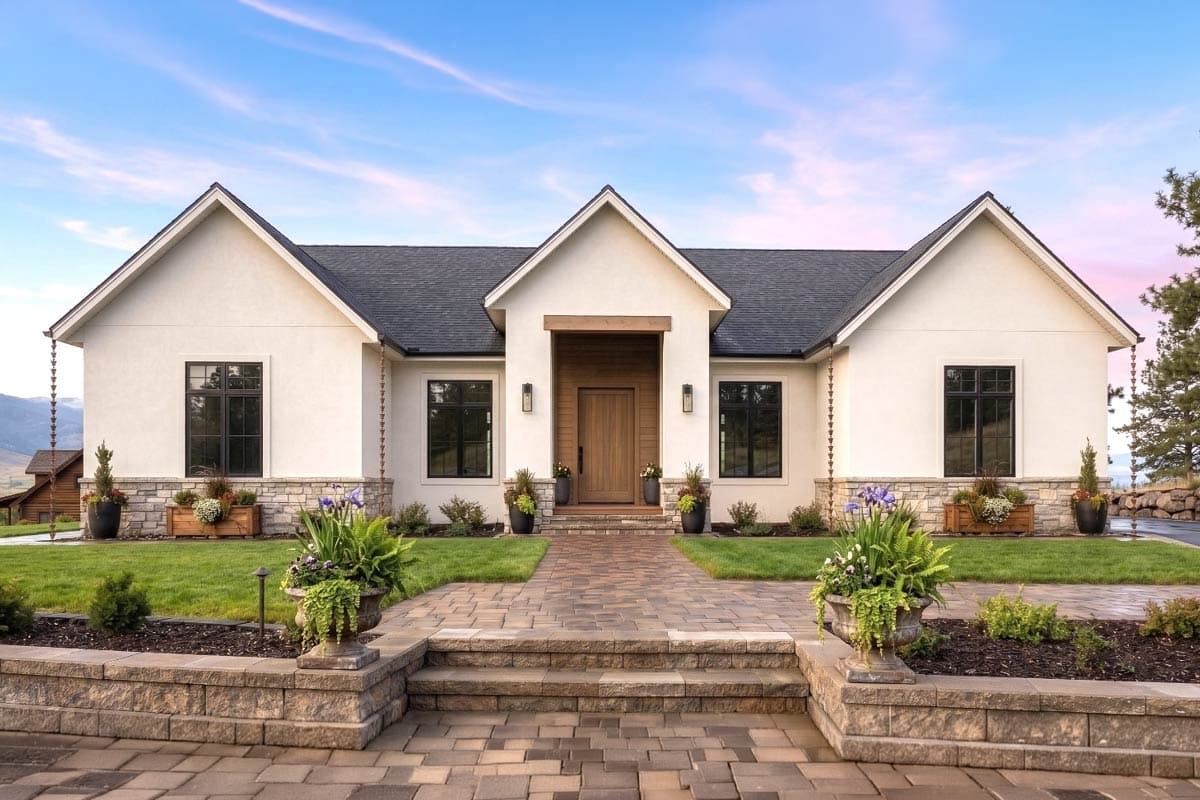 Modern European Farmhouse Plan with Four Bedrooms and Vaulted Ceilings