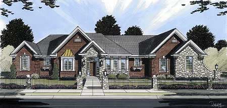 House plan exterior: single-story brick home with stone accents, gabled roofs, and a prominent arched entryway with stone pillars.