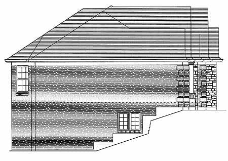 Side elevation house plan with brick and stone exterior, multiple rooflines, and prominent staircase.