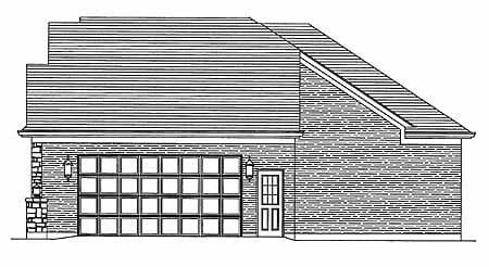Floor plan elevation drawing showing a front view with a two-car garage, brick exterior, and pitched rooflines.