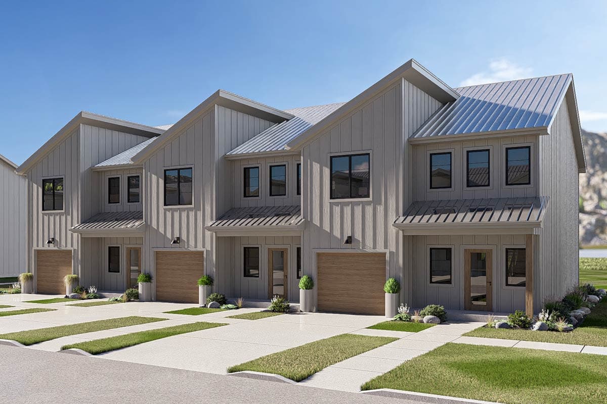 Plan 623689DJ: Contemporary Triplex House Plan with Three Bedrooms and Attached Garages - Image #3 - Contemporary, Modern