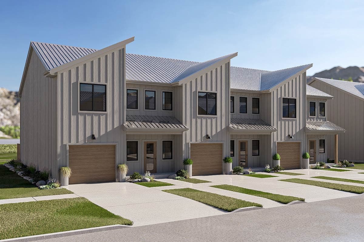 Plan 623689DJ: Contemporary Triplex House Plan with Three Bedrooms and Attached Garages - Image #4 - Contemporary, Modern