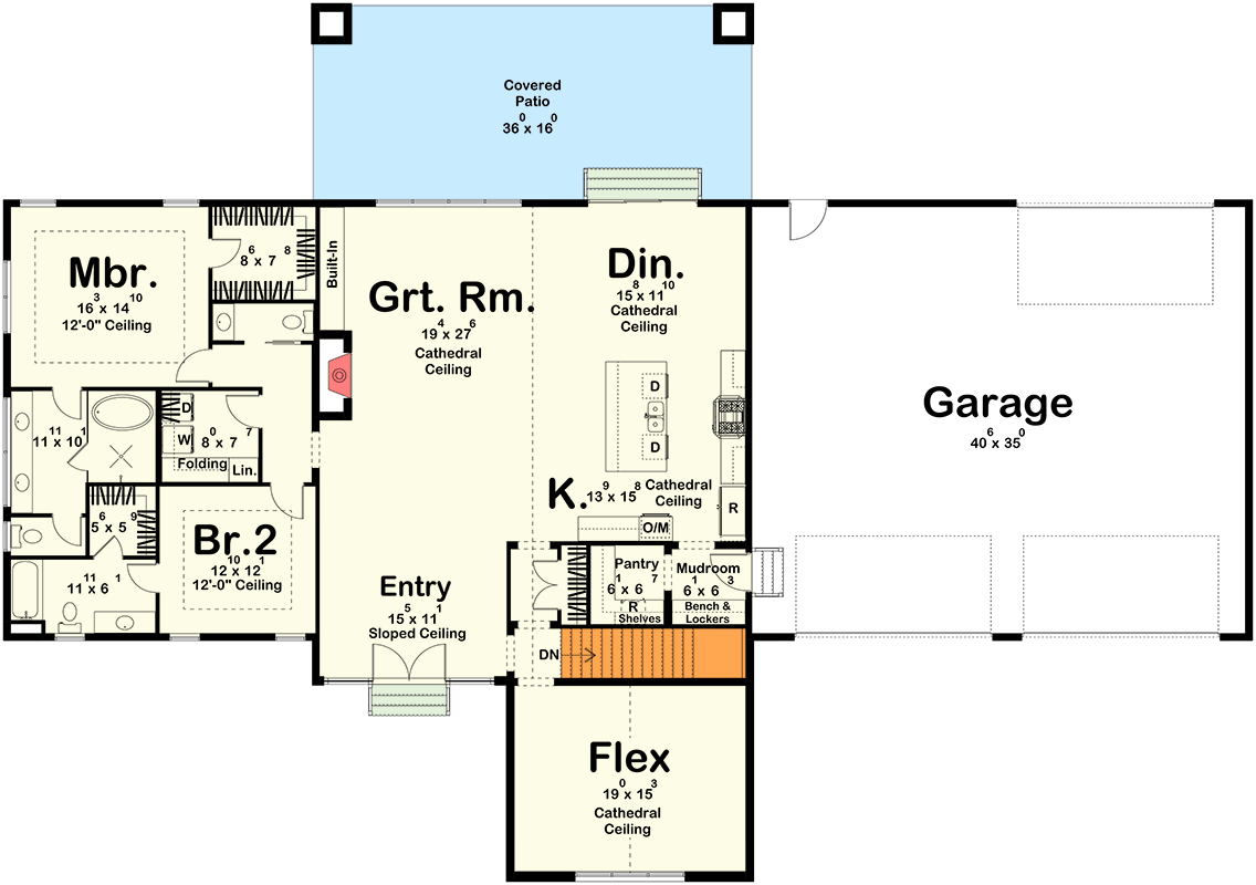 Plan 623690DJ: Modern Barndominium House Plan with 2 Bedrooms and 4-Car Garage - Floor Plan - Basement Stairs Location - Barndominium, Modern