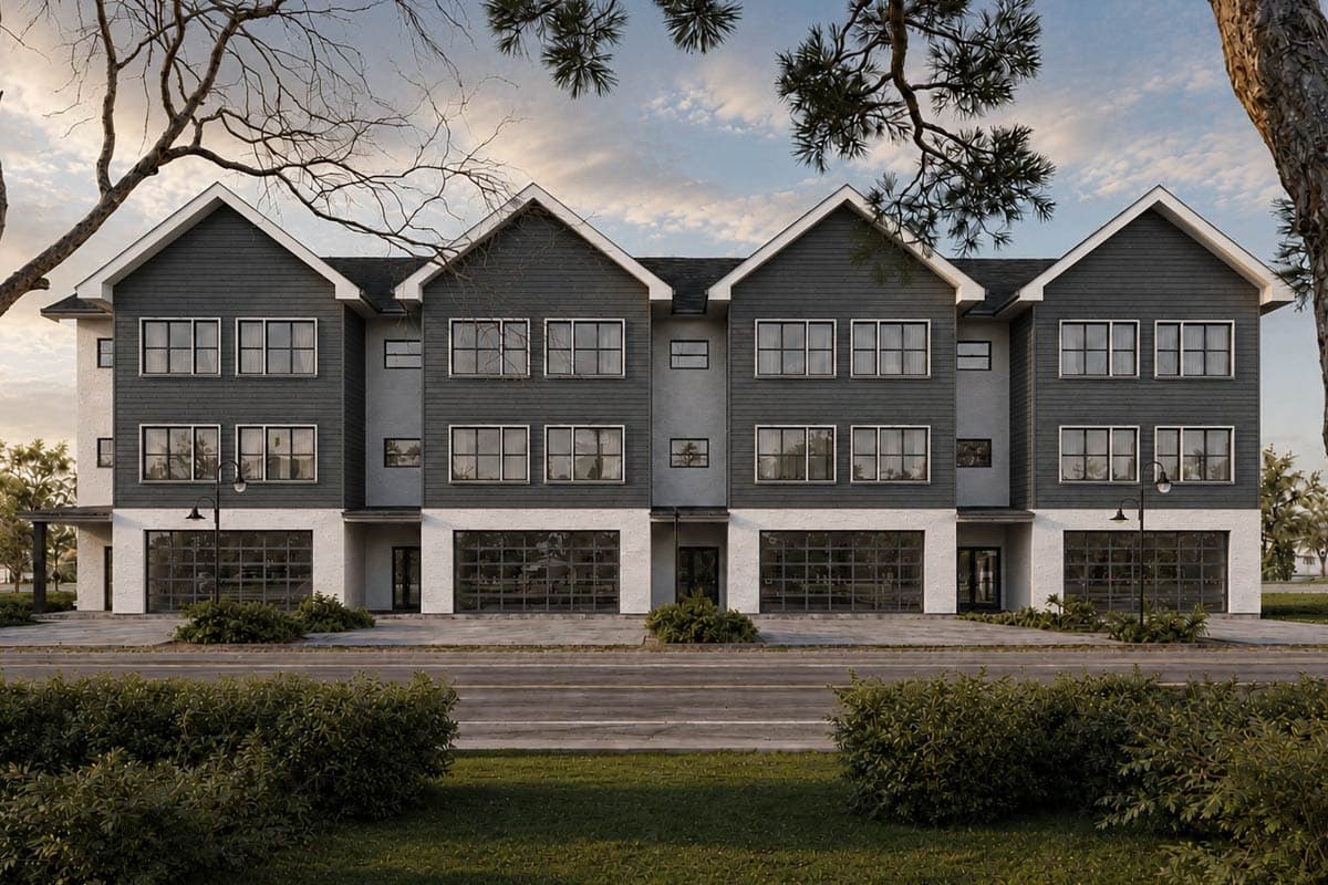 Plan image - 850059PKE:Modern Quadplex House Plan with Four Spacious Units and Garages