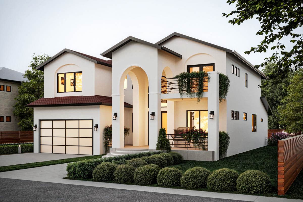 Plan 666325RAF: Contemporary Mediterranean House Plan with Four Bedrooms and Private Veranda - Image #2 - Contemporary, European, Mediterranean
