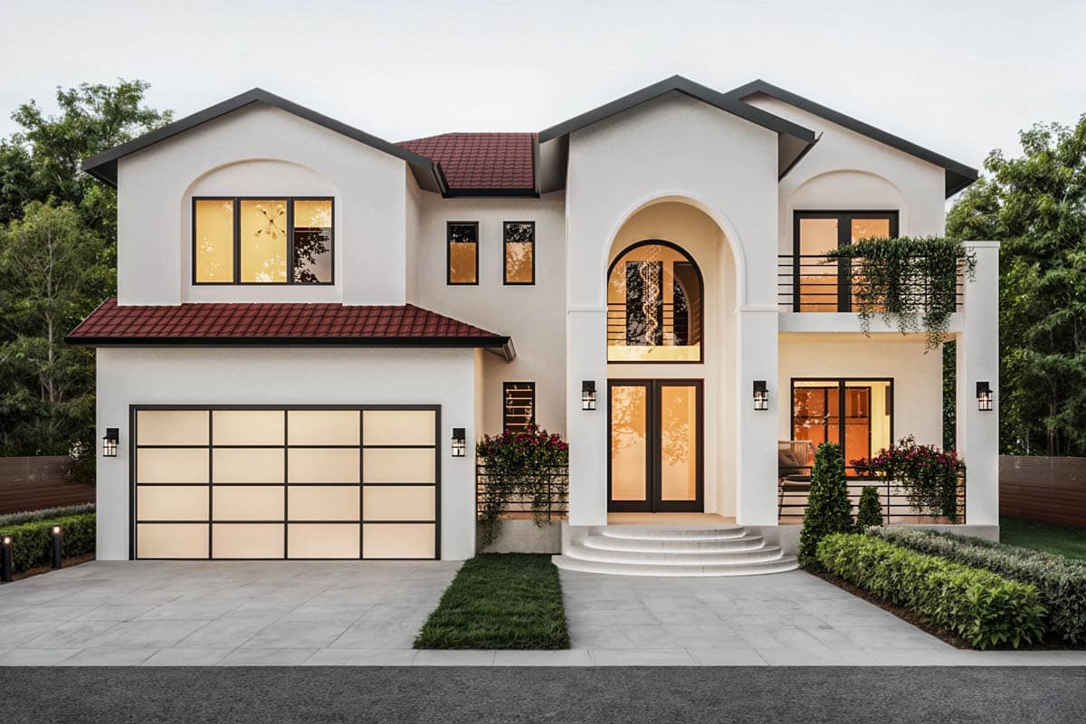 Contemporary Mediterranean House Plan with Four Bedrooms and Private Veranda