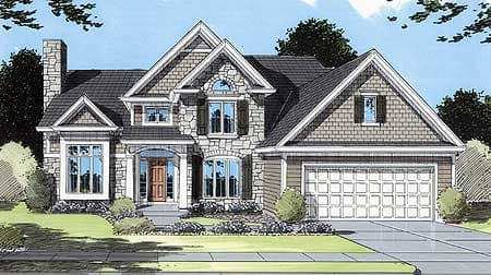 House plan exterior shows a two-story home with stone and shake siding, multiple gables, arched windows, and a side-facing garage.