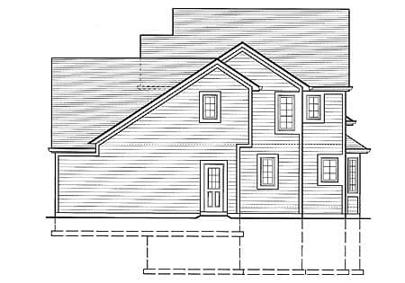 House plan side elevation drawing showing a two-story home with multiple gables, numerous windows, and a prominent roofline.