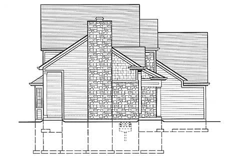 House plan exterior drawing showing a side view with a prominent stone chimney, multiple rooflines, and horizontal siding.